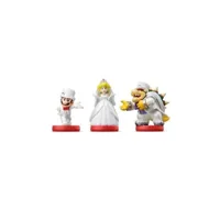 3 figurines amiibo super mario - bowser + mario + peach en tenue de mariage